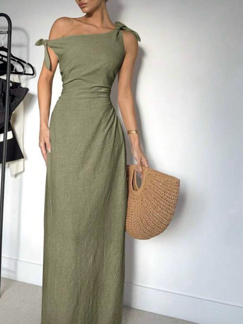 SHEIN Olive Green One-Shoulder Tie-Strap Maxi Dress